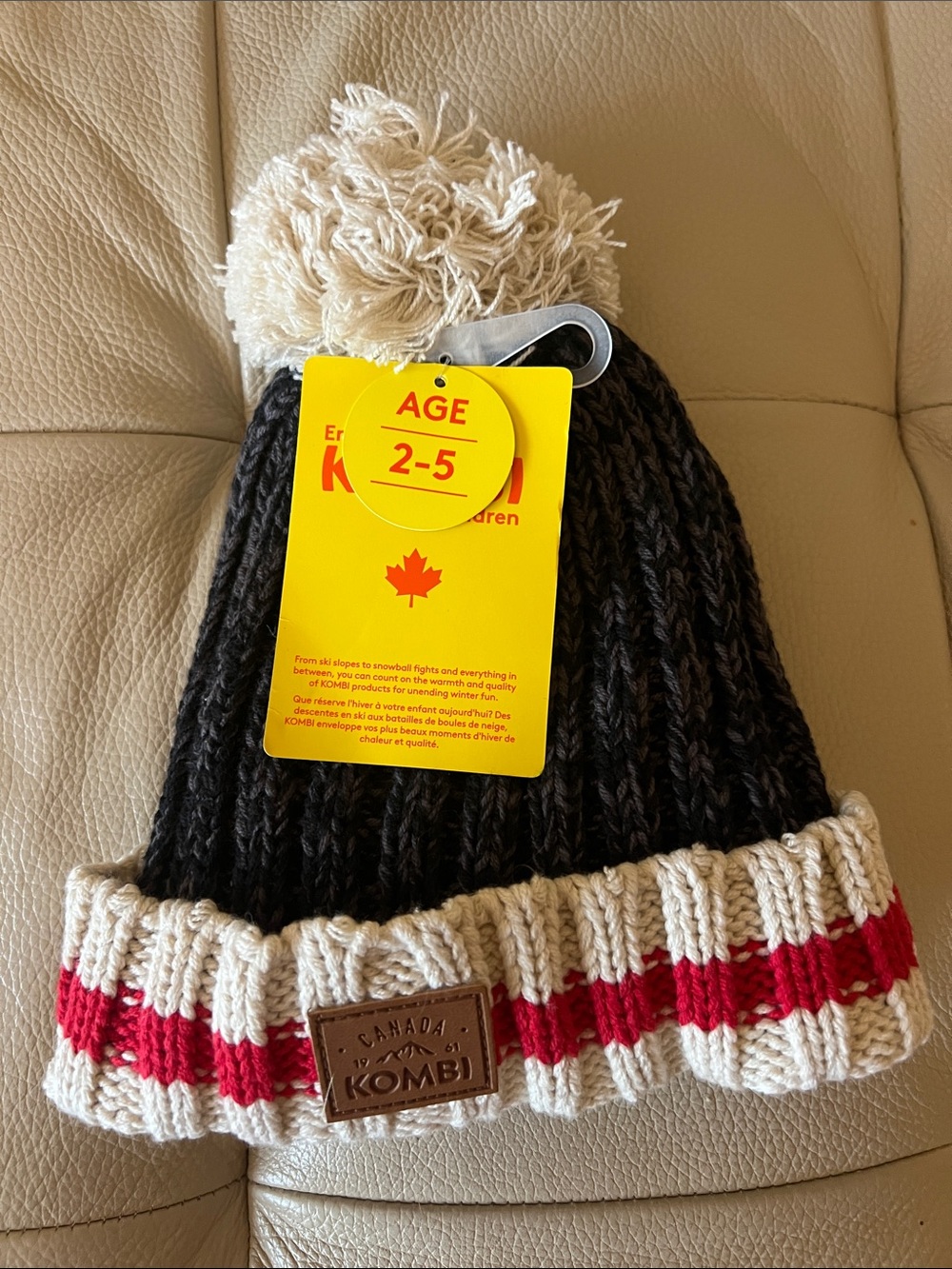 Kombi Kids Pom Beanie in Black, Cream & Red